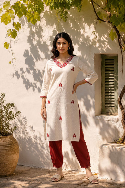 Off White Thread Embroidered Pure Cotton Straight Kurta with Pants Set