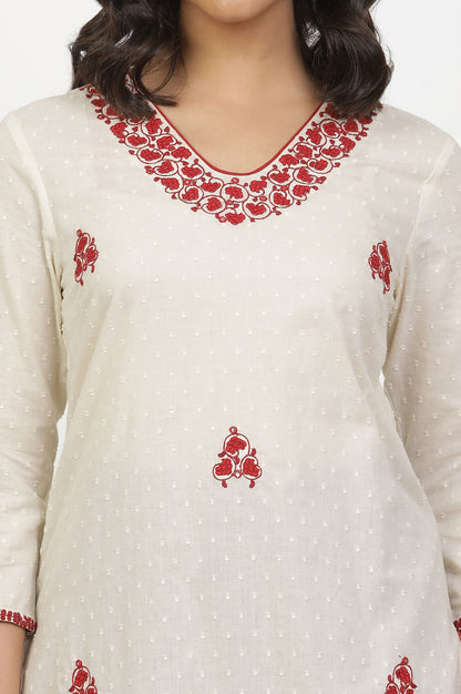 Off White Thread Embroidered Pure Cotton Straight Kurta with Pants Set
