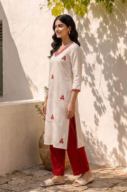 Off White Thread Embroidered Pure Cotton Straight Kurta with Pants Set