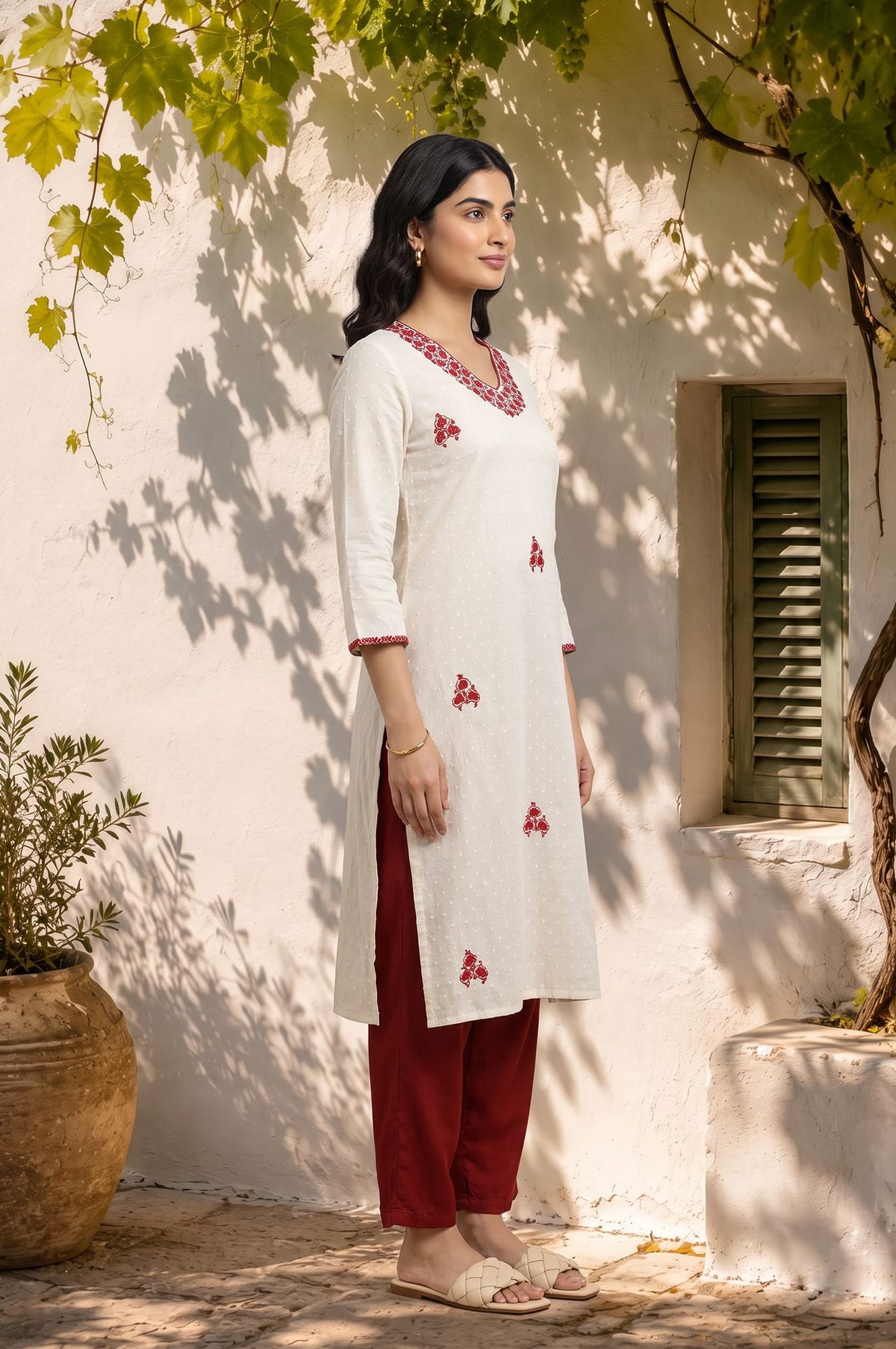 Off White Thread Embroidered Pure Cotton Straight Kurta with Pants Set