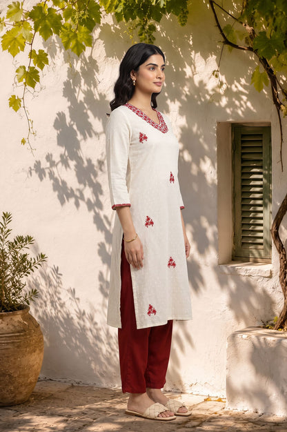 Off White Thread Embroidered Pure Cotton Straight Kurta with Pants Set