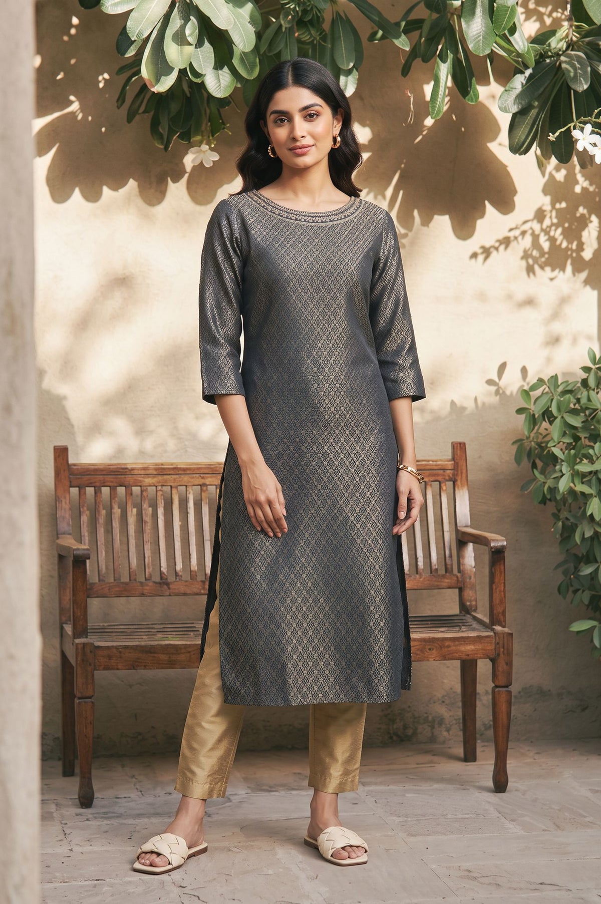 Charcoal Yarn Dyed Zari Embroidered Jacquard Dobby Straight Kurta with Slim Pant Set