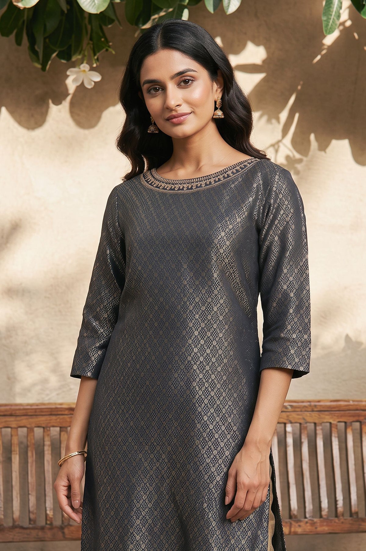 Charcoal Yarn Dyed Zari Embroidered Jacquard Dobby Straight Kurta with Slim Pant Set