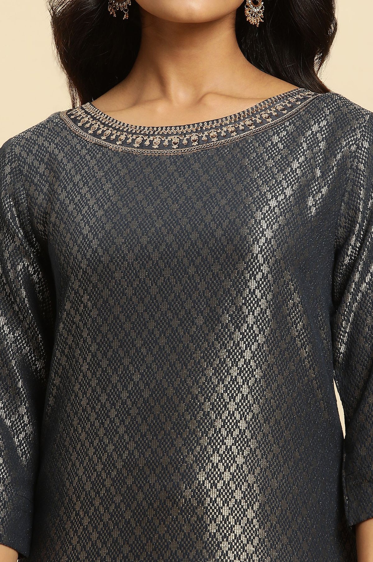 Charcoal Yarn Dyed Zari Embroidered Jacquard Dobby Straight Kurta with Slim Pant Set