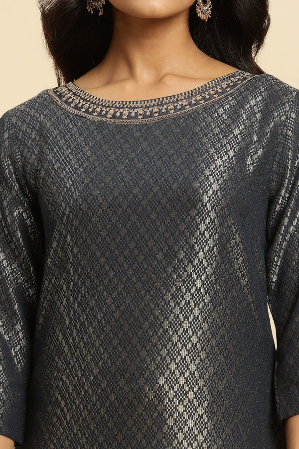 Charcoal Yarn Dyed Zari Embroidered Jacquard Dobby Straight Kurta with Slim Pant Set