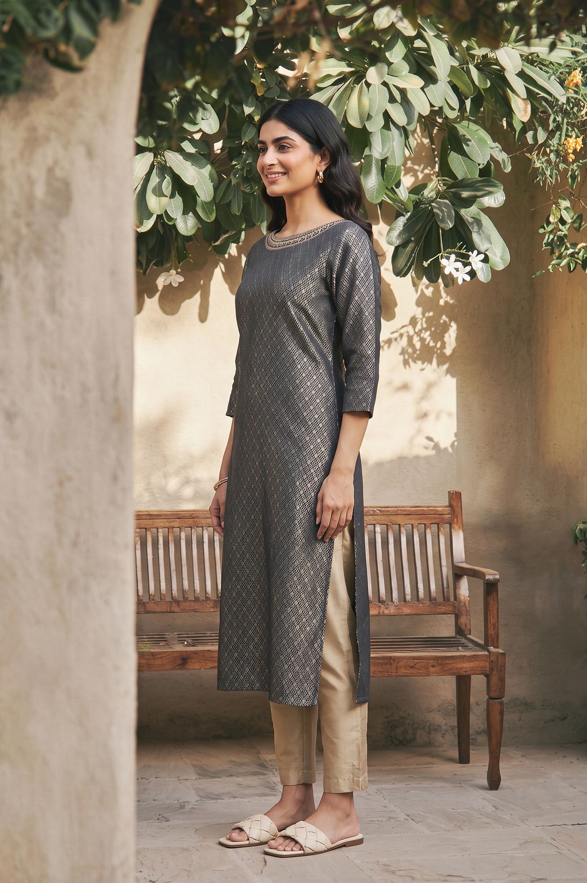 Charcoal Yarn Dyed Zari Embroidered Jacquard Dobby Straight Kurta with Slim Pant Set