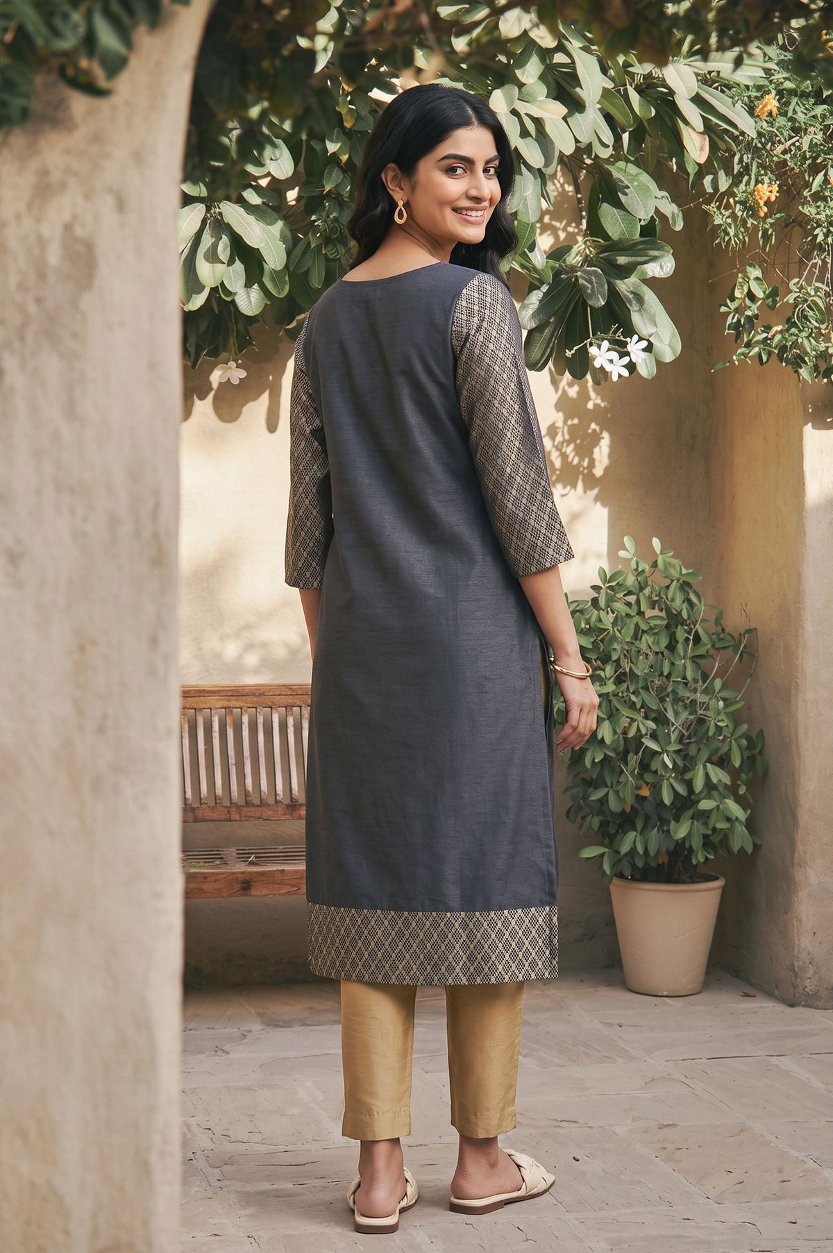 Charcoal Yarn Dyed Zari Embroidered Jacquard Dobby Straight Kurta with Slim Pant Set