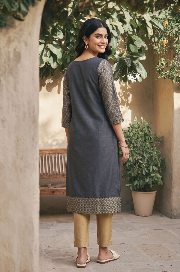 Charcoal Yarn Dyed Zari Embroidered Jacquard Dobby Straight Kurta with Slim Pant Set