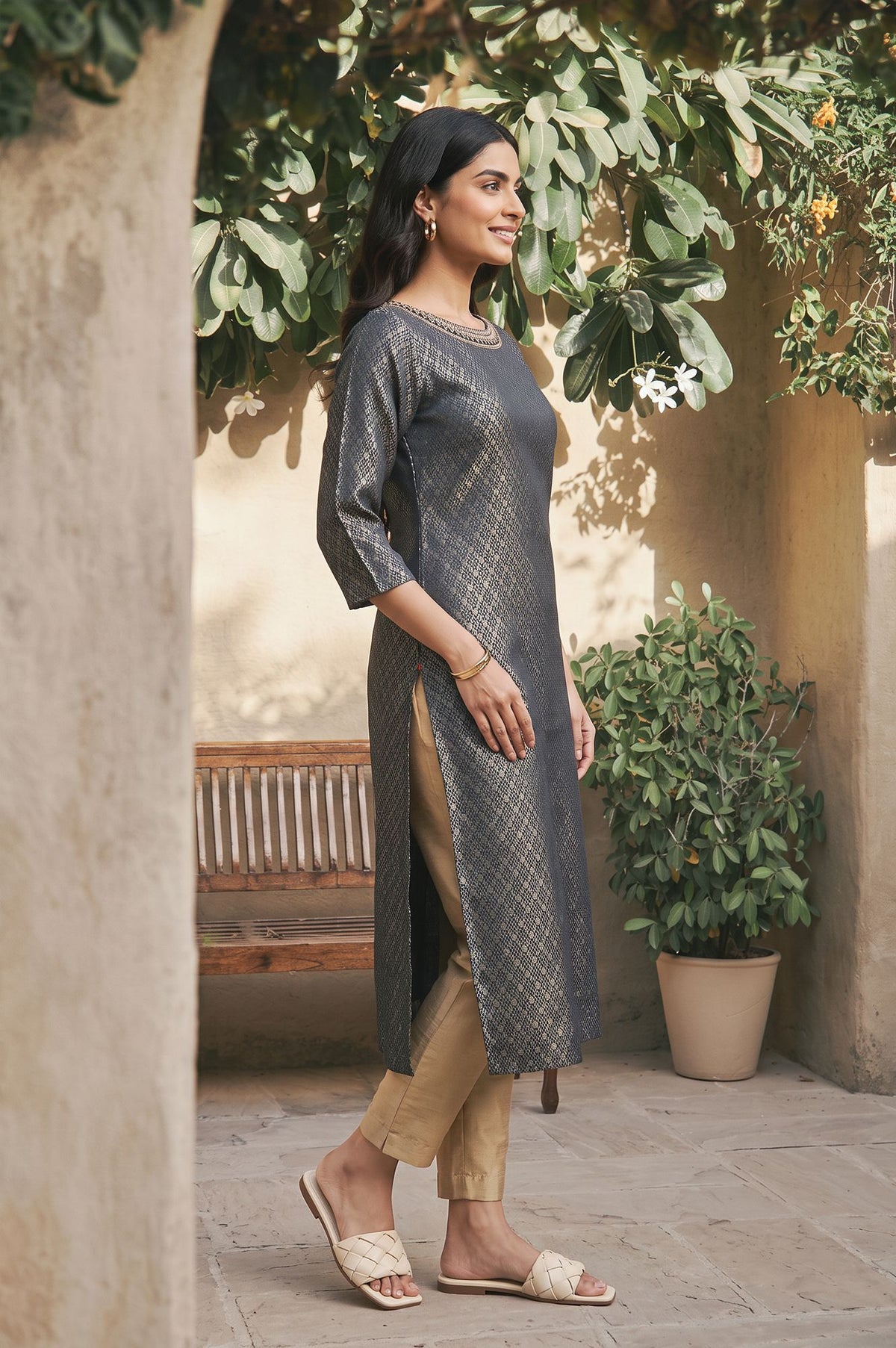 Charcoal Yarn Dyed Zari Embroidered Jacquard Dobby Straight Kurta with Slim Pant Set
