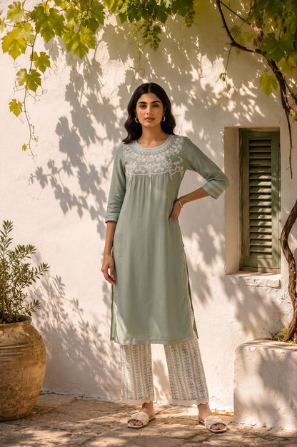 Sea Green Thread Embroidered Shantung Straight Kurta with Slim Pant