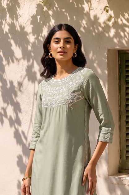 Sea Green Thread Embroidered Shantung Straight Kurta with Slim Pant