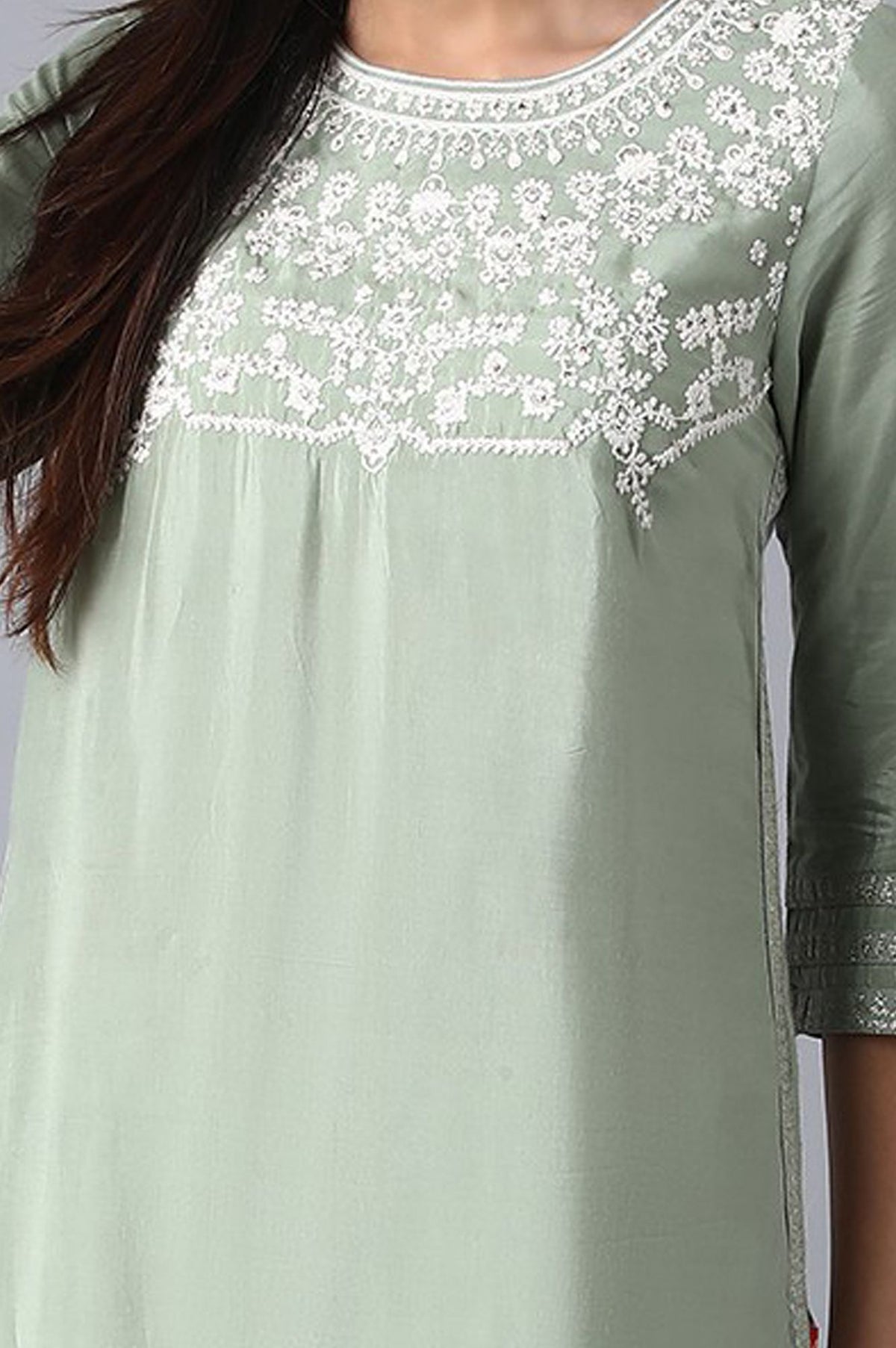 Sea Green Thread Embroidered Shantung Straight Kurta with Slim Pant