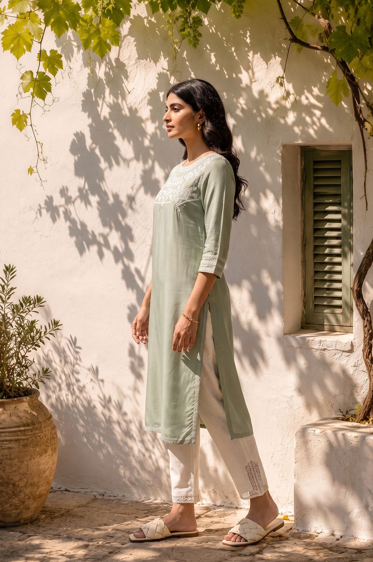 Sea Green Thread Embroidered Shantung Straight Kurta with Slim Pant