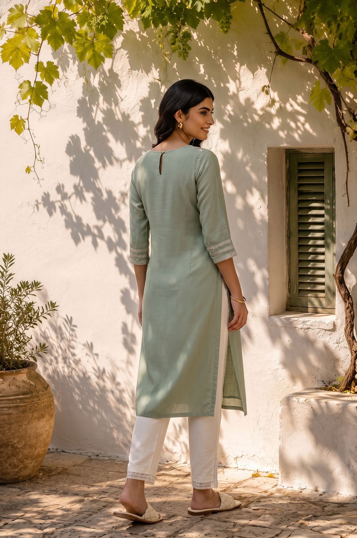 Sea Green Thread Embroidered Shantung Straight Kurta with Slim Pant
