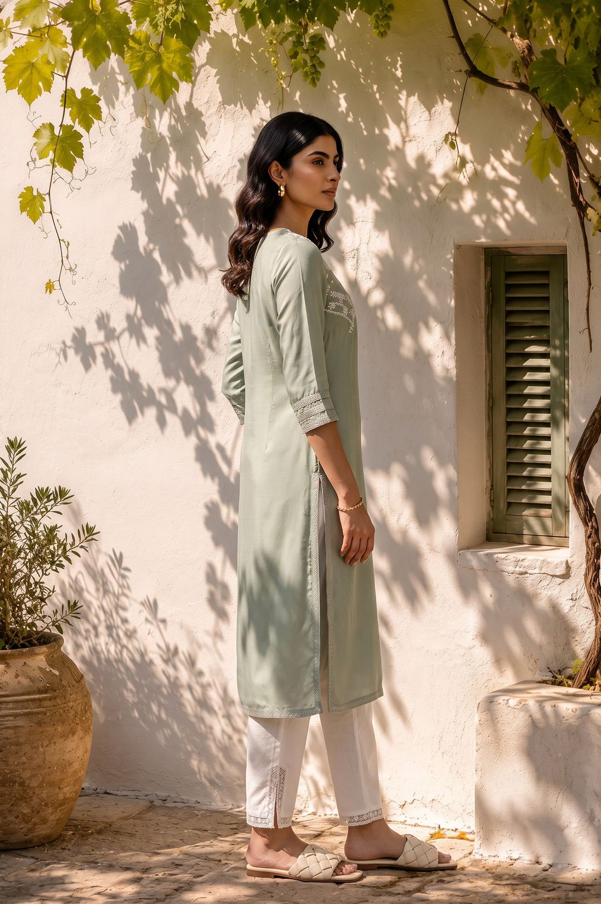 Sea Green Thread Embroidered Shantung Straight Kurta with Slim Pant