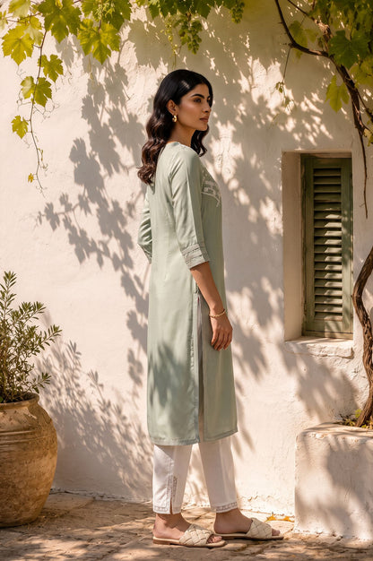 Sea Green Thread Embroidered Shantung Straight Kurta with Slim Pant