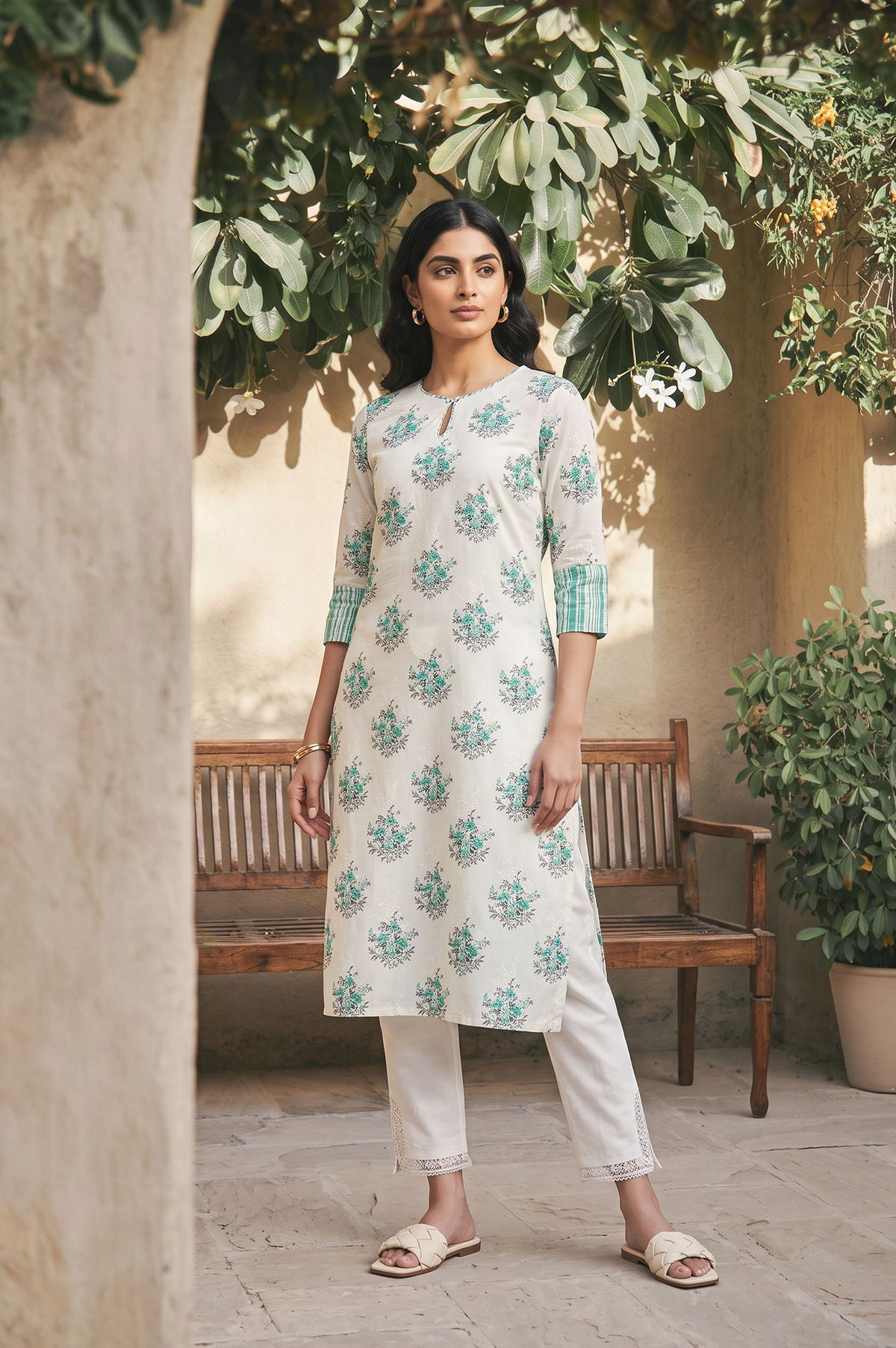 Off White Floral Printed Sequins Pure Cotton Straight Kurta with Slim Pant