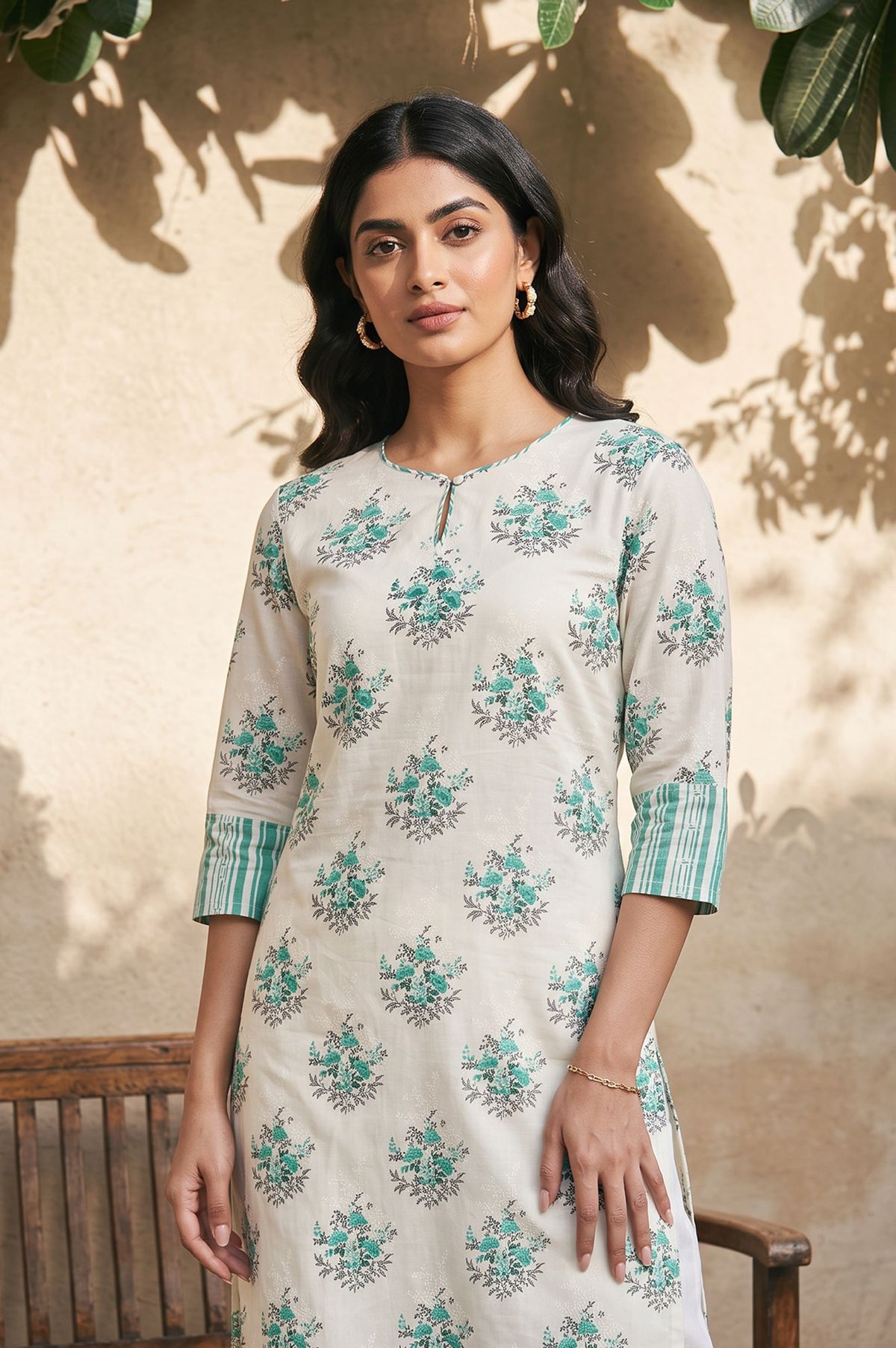 Off White Floral Printed Sequins Pure Cotton Straight Kurta with Slim Pant