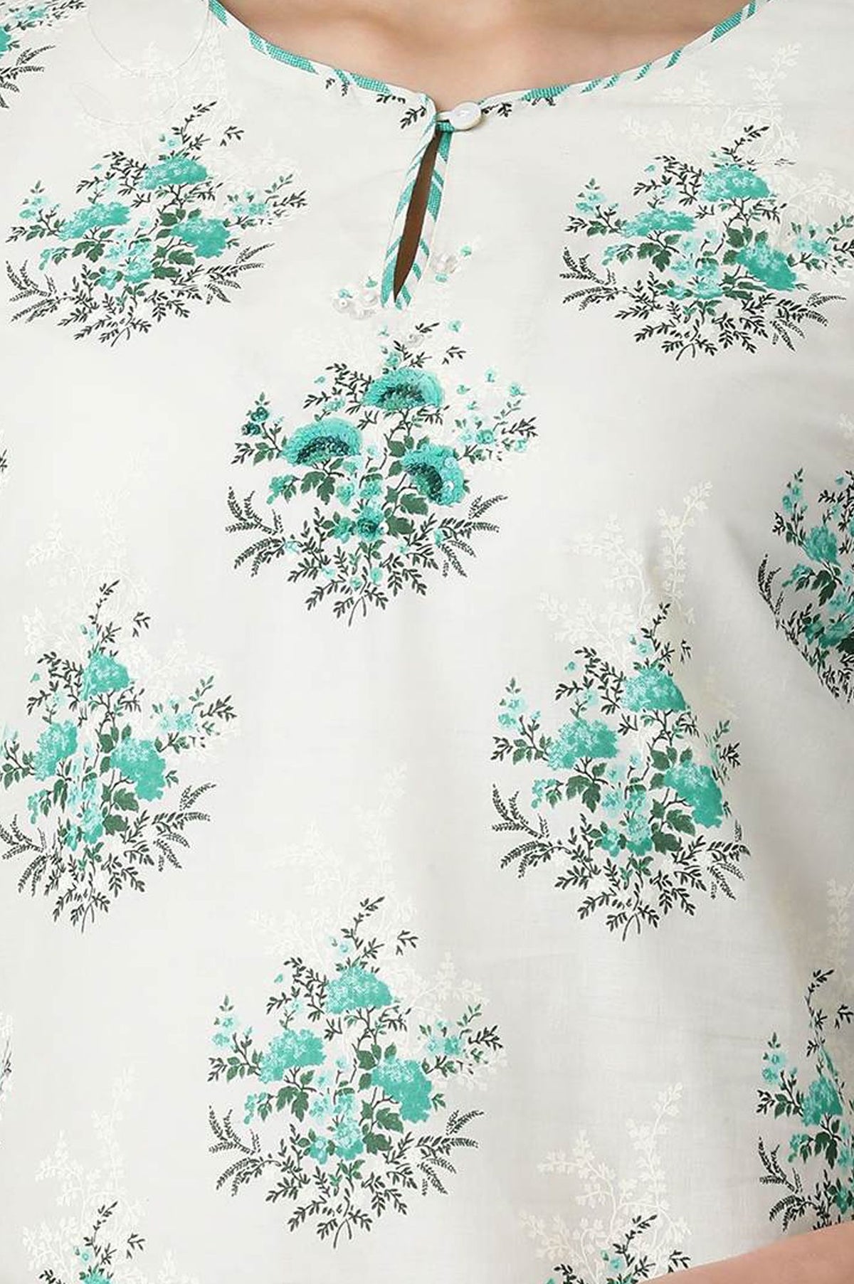 Off White Floral Printed Sequins Pure Cotton Straight Kurta with Slim Pant