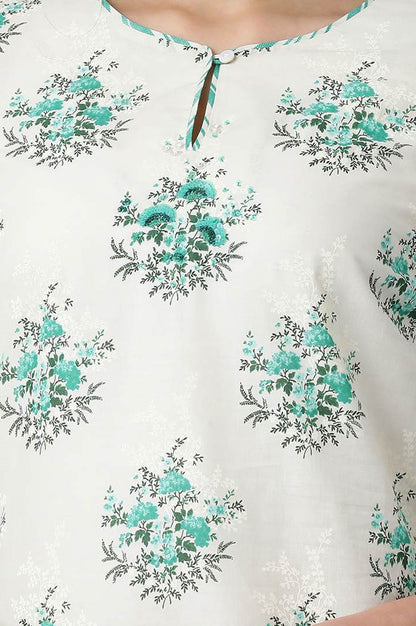 Off White Floral Printed Sequins Pure Cotton Straight Kurta with Slim Pant