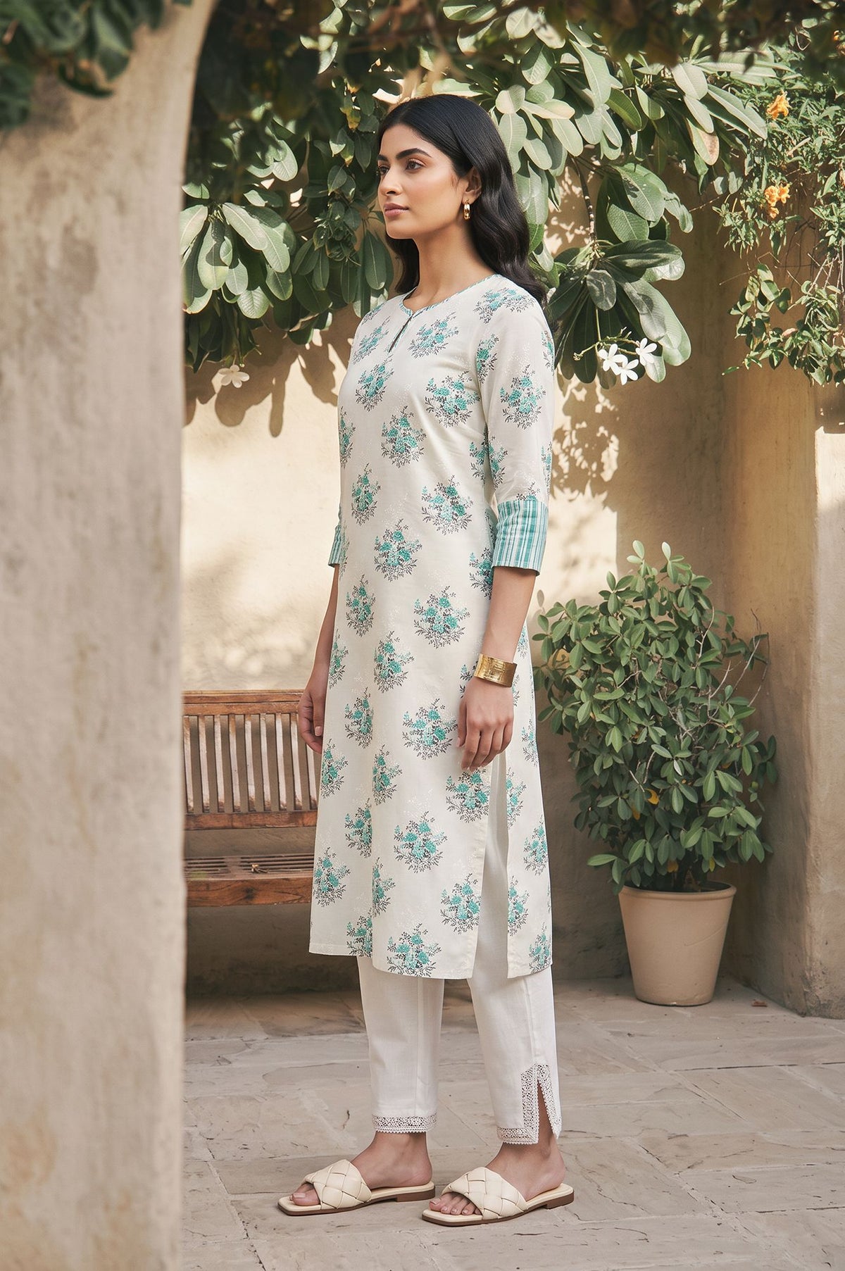Off White Floral Printed Sequins Pure Cotton Straight Kurta with Slim Pant