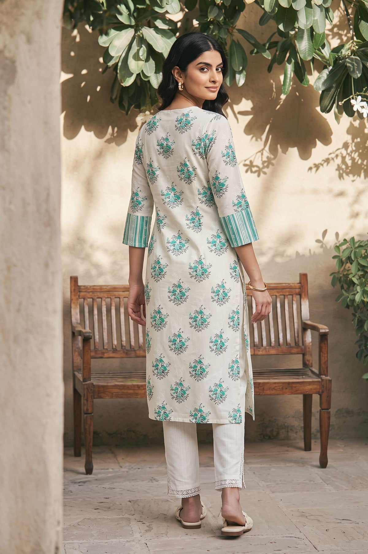 Off White Floral Printed Sequins Pure Cotton Straight Kurta with Slim Pant