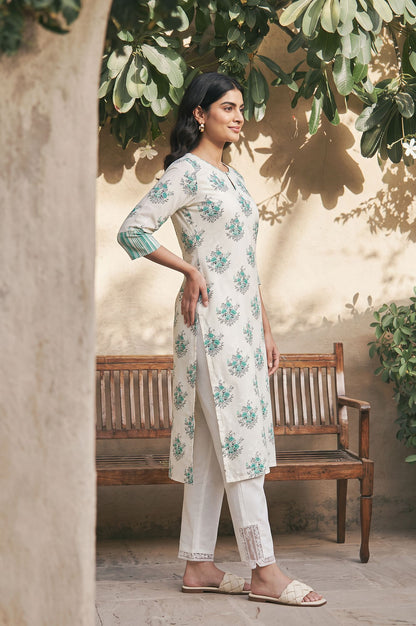 Off White Floral Printed Sequins Pure Cotton Straight Kurta with Slim Pant