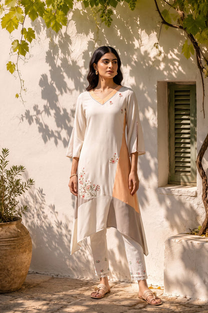 Off White Colourblocked Thread Embroidered Rayon A-line Kurta with Slim Pant Set