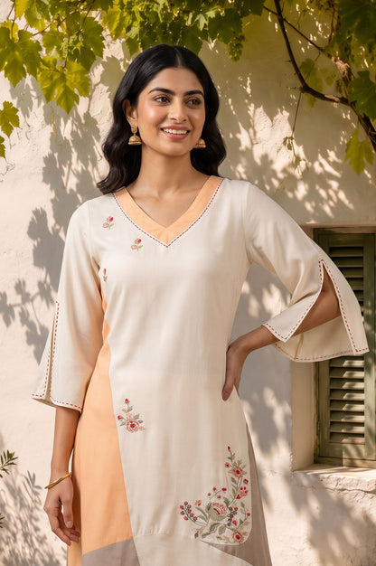 Off White Colourblocked Thread Embroidered Rayon A-line Kurta with Slim Pant Set