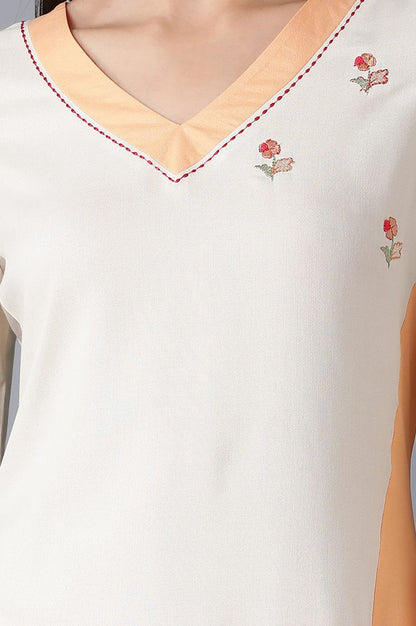 Off White Colourblocked Thread Embroidered Rayon A-line Kurta with Slim Pant Set