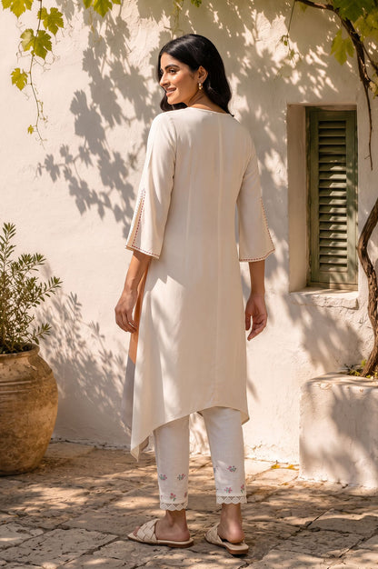 Off White Colourblocked Thread Embroidered Rayon A-line Kurta with Slim Pant Set
