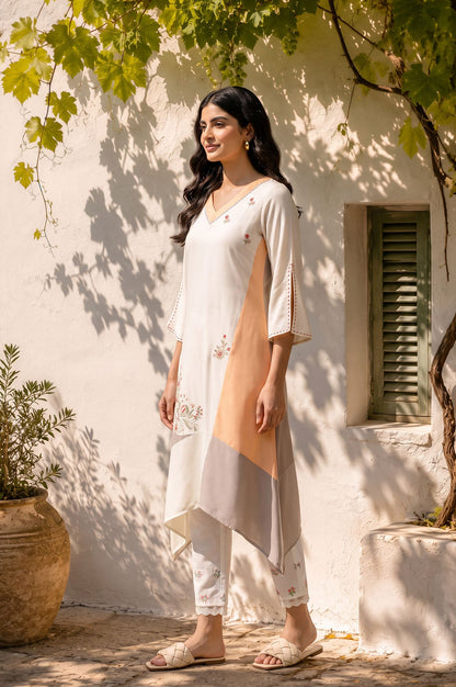 Off White Colourblocked Thread Embroidered Rayon A-line Kurta with Slim Pant Set