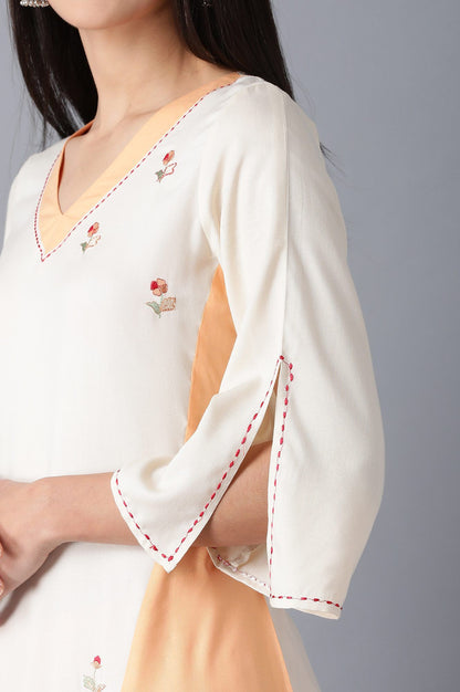 Off White Colourblocked Thread Embroidered Rayon A-line Kurta with Slim Pant Set