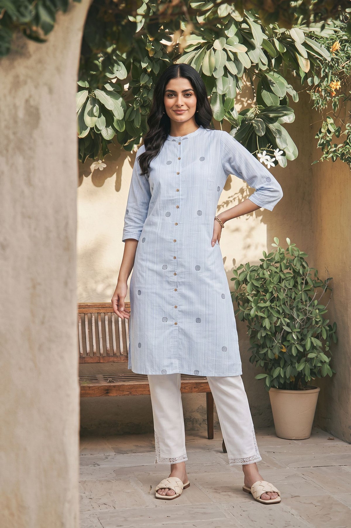 Blue Geometric Printed Lace Pure Cotton Straight Kurta with Slim Pants - XS