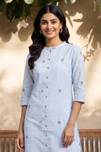 Blue Geometric Printed Lace Pure Cotton Straight Kurta with Slim Pants