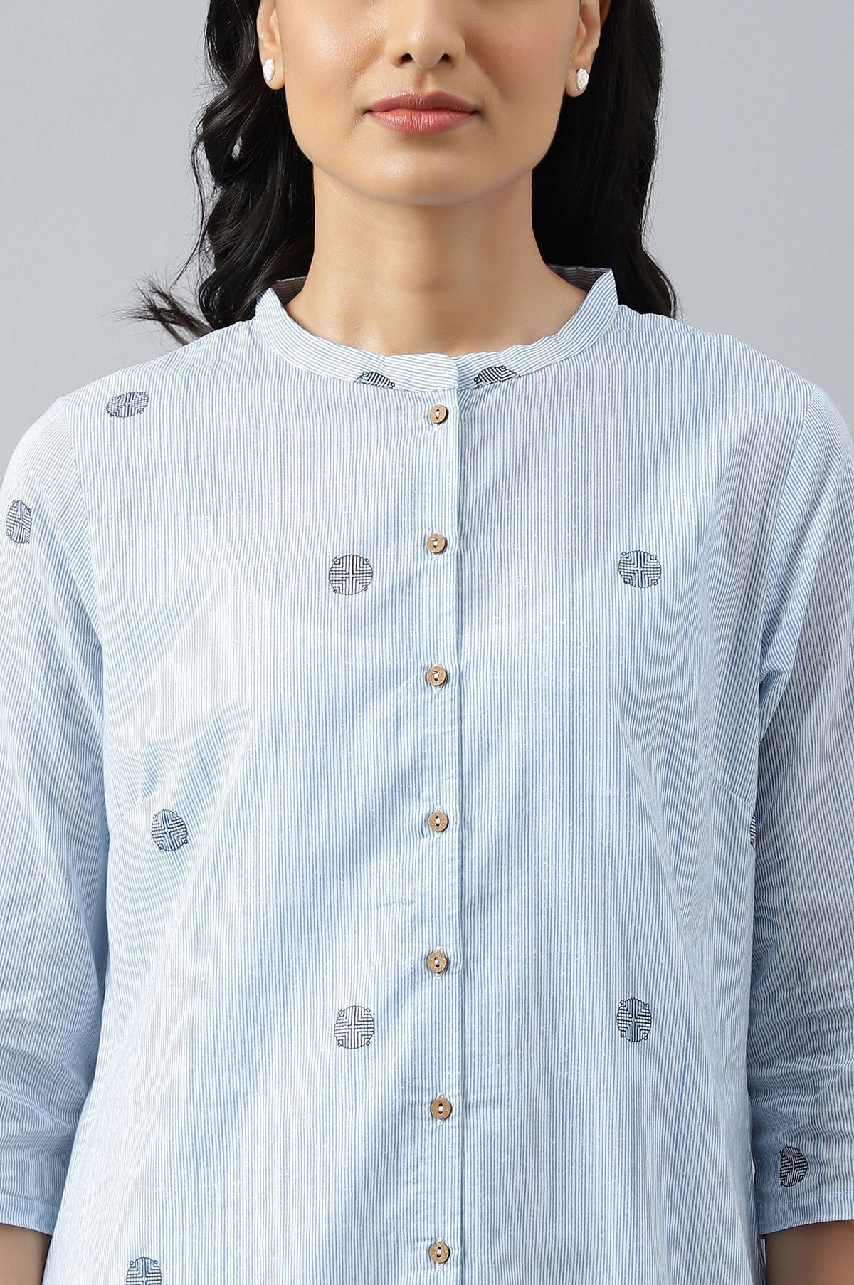 Blue Geometric Printed Lace Pure Cotton Straight Kurta with Slim Pants