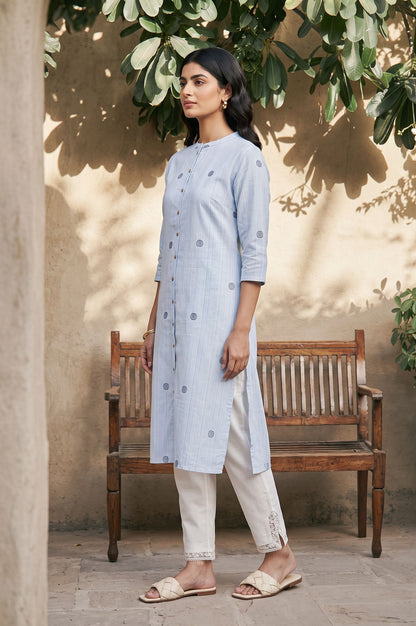 Blue Geometric Printed Lace Pure Cotton Straight Kurta with Slim Pants
