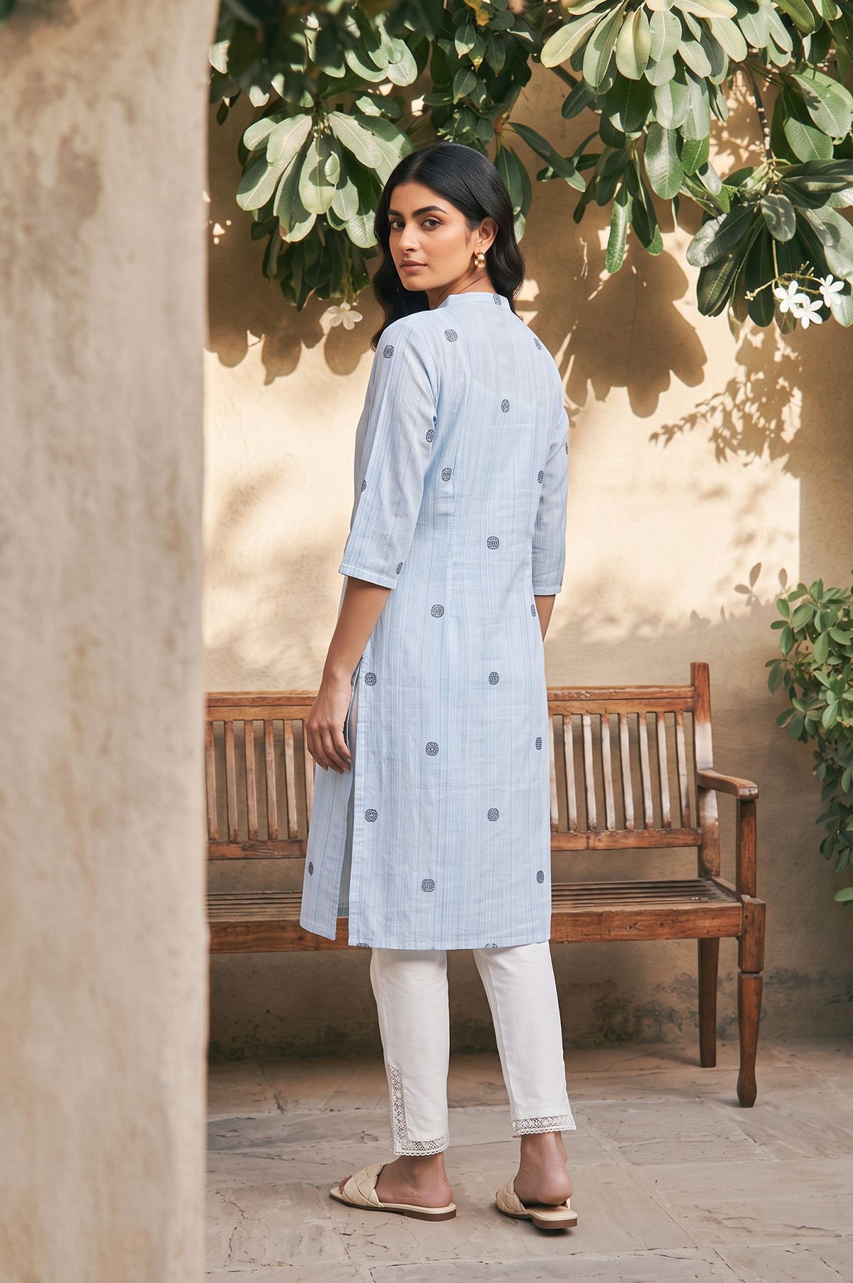 Blue Geometric Printed Lace Pure Cotton Straight Kurta with Slim Pants