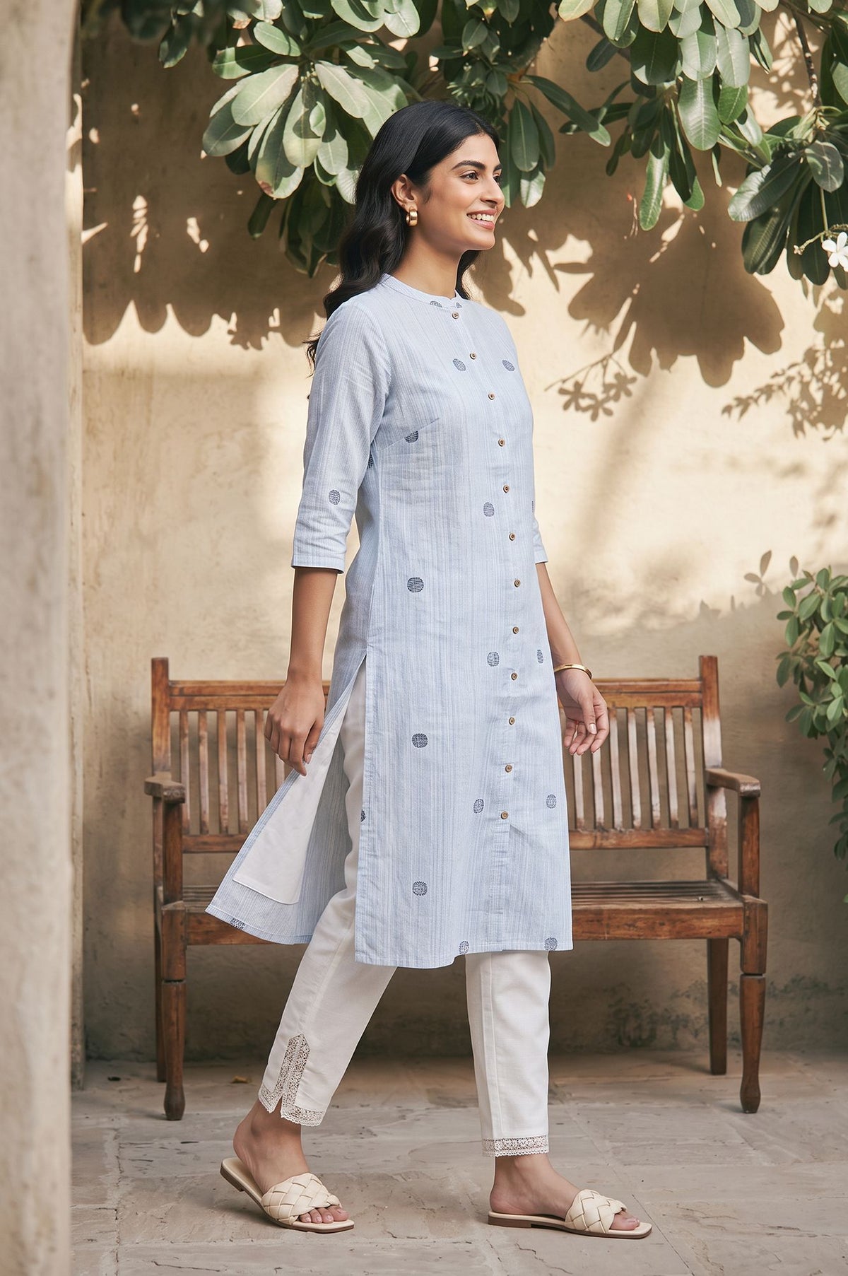 Blue Geometric Printed Lace Pure Cotton Straight Kurta with Slim Pants