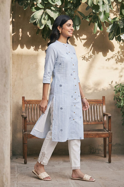 Blue Geometric Printed Lace Pure Cotton Straight Kurta with Slim Pants