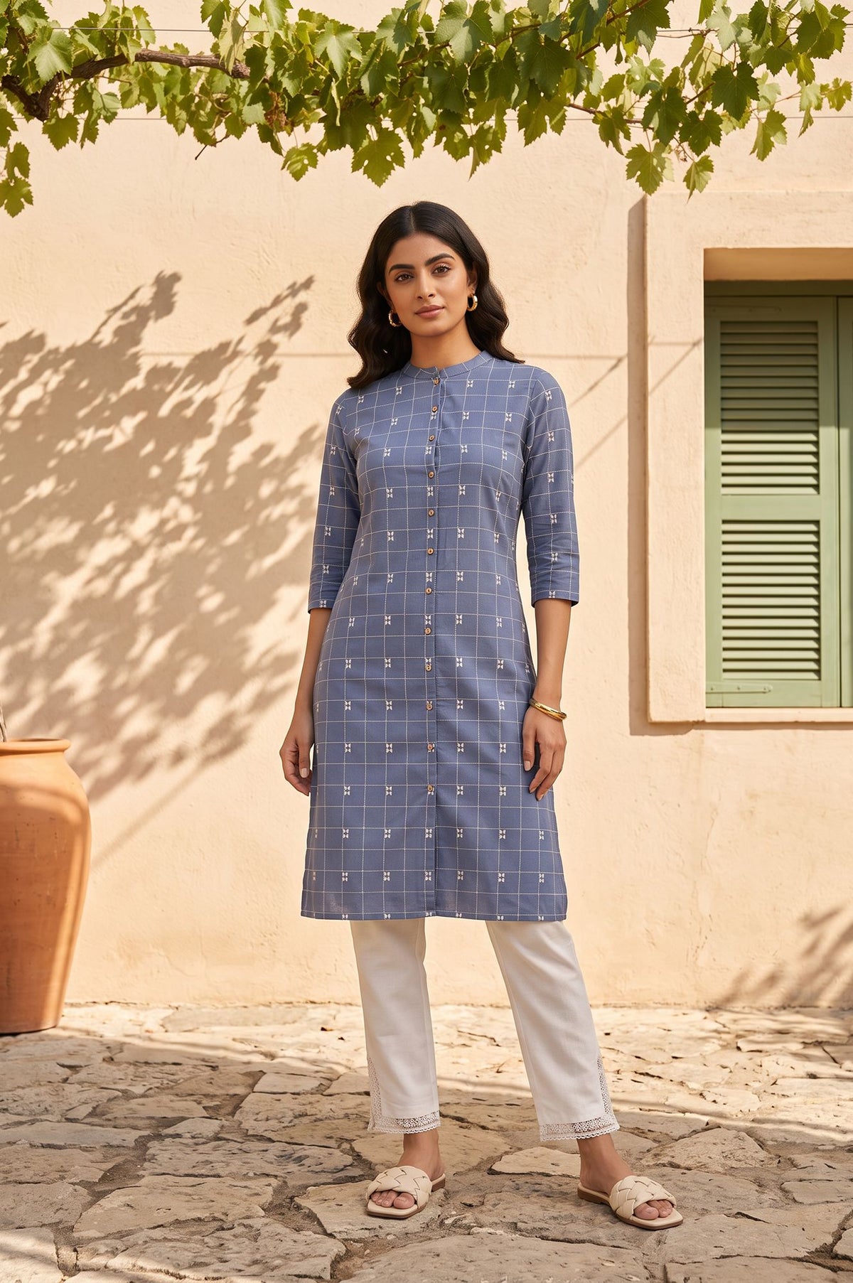 Blue Checkered Printed Lace Pure Cotton Straight Kurta with Slim Pant