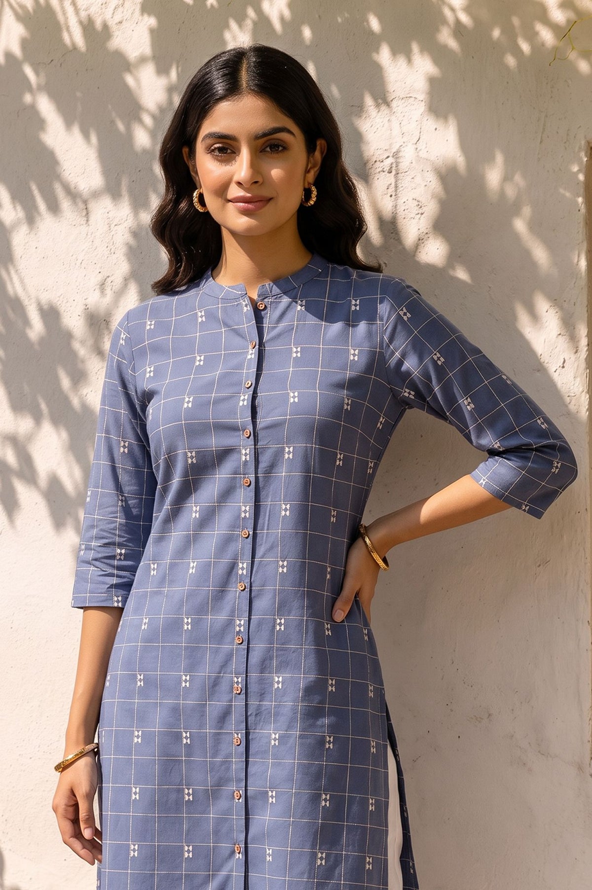 Blue Checkered Printed Lace Pure Cotton Straight Kurta with Slim Pant