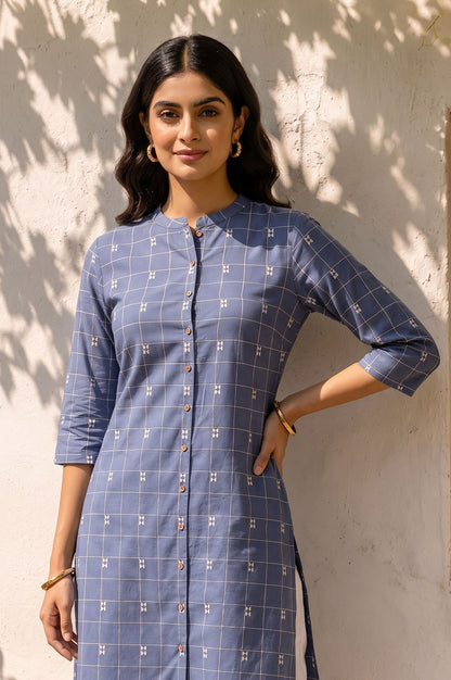 Blue Checkered Printed Lace Pure Cotton Straight Kurta with Slim Pant