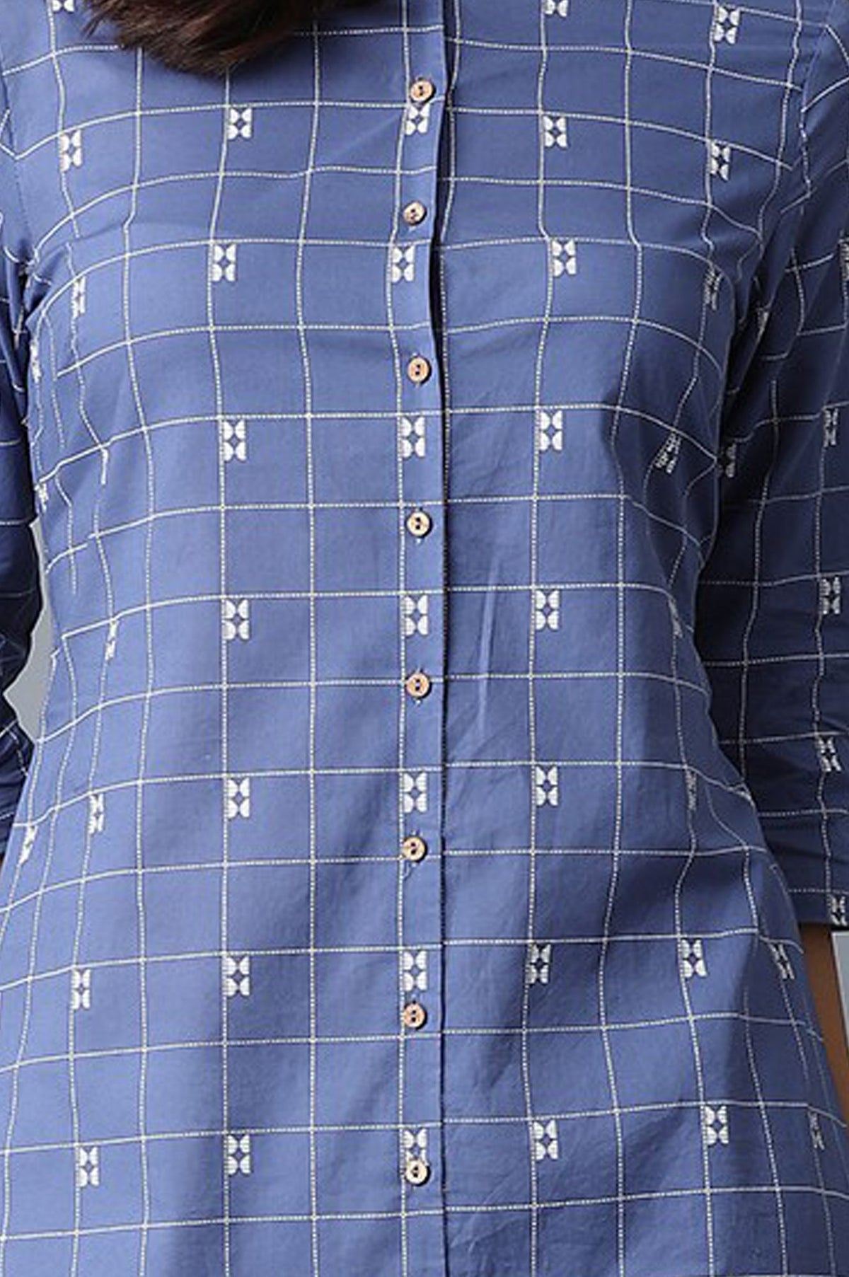 Blue Checkered Printed Lace Pure Cotton Straight Kurta with Slim Pant