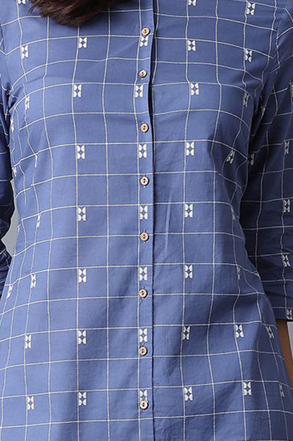 Blue Checkered Printed Lace Pure Cotton Straight Kurta with Slim Pant