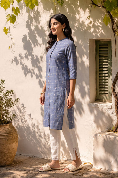 Blue Checkered Printed Lace Pure Cotton Straight Kurta with Slim Pant