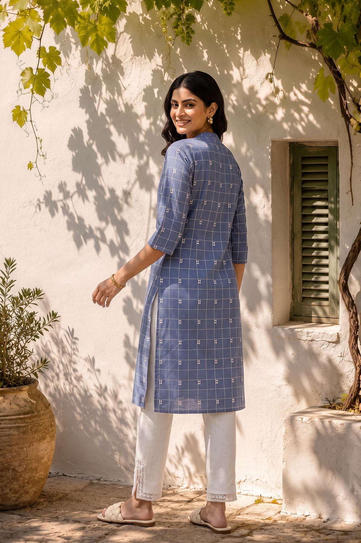 Blue Checkered Printed Lace Pure Cotton Straight Kurta with Slim Pant