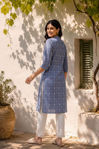 Blue Checkered Printed Lace Pure Cotton Straight Kurta with Slim Pant