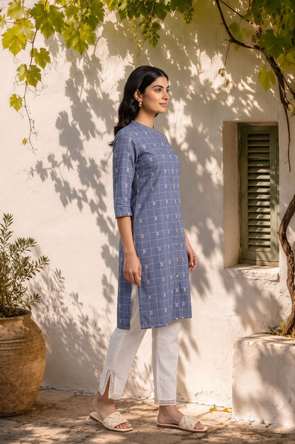 Blue Checkered Printed Lace Pure Cotton Straight Kurta with Slim Pant