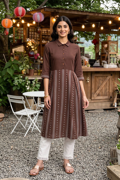 Brown Yarn Dyed Striped Cotton Blend A-line Kurta with Slim Pant